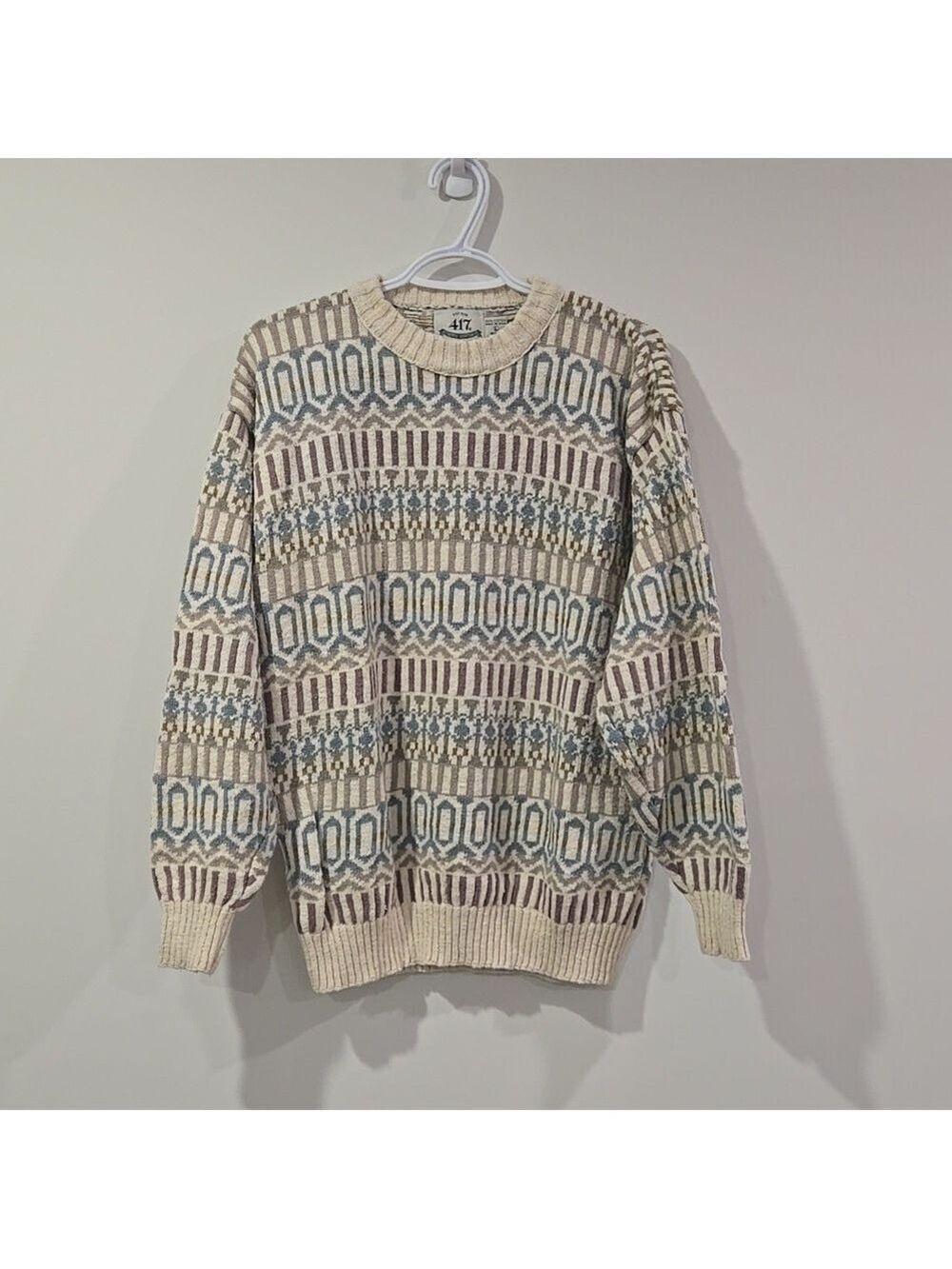 Retro 90's Van Heusen Beige and Blue Patterned Crewneck Cotton Knit Sweater - Picture 7 of 7